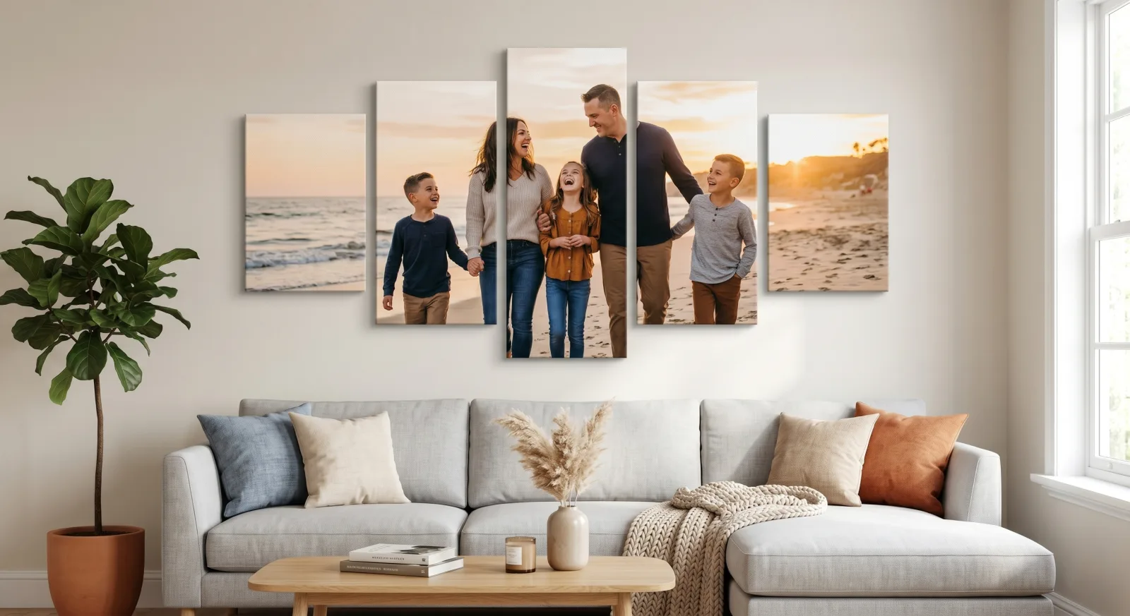 Modern floating 5 panel canvas above sofa | PrintPosters.in