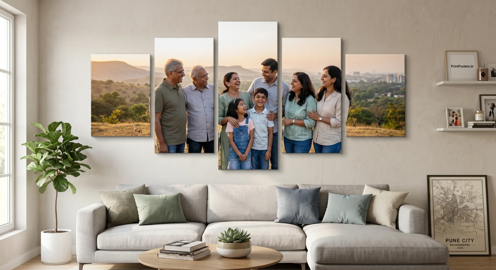 Classic symmetrical 5 piece canvas wall art in living room | PrintPosters.in